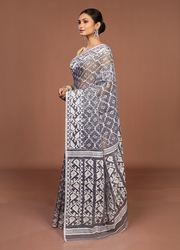 Grey Jamdani Cotton Saree Without Blouse Piece