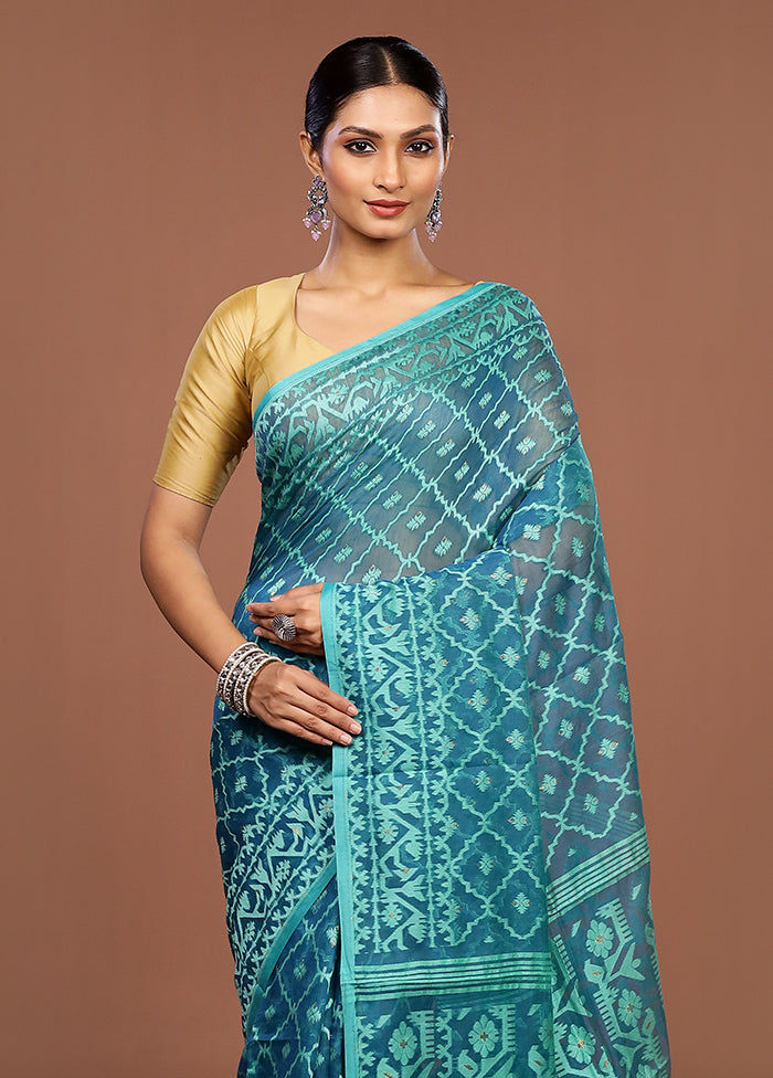 Blue Jamdani Cotton Saree Without Blouse Piece