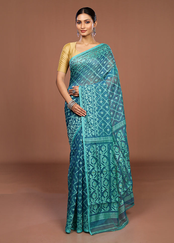 Blue Jamdani Cotton Saree Without Blouse Piece