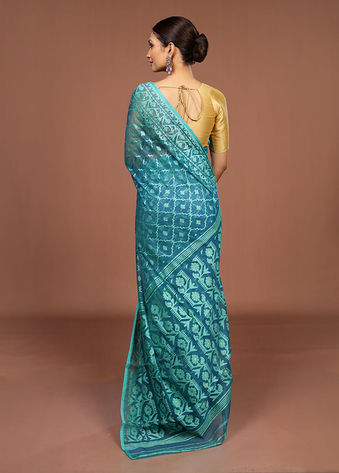 Blue Jamdani Cotton Saree Without Blouse Piece