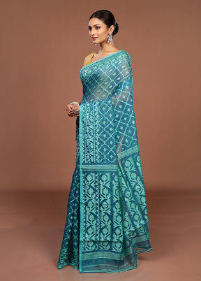 Blue Jamdani Cotton Saree Without Blouse Piece