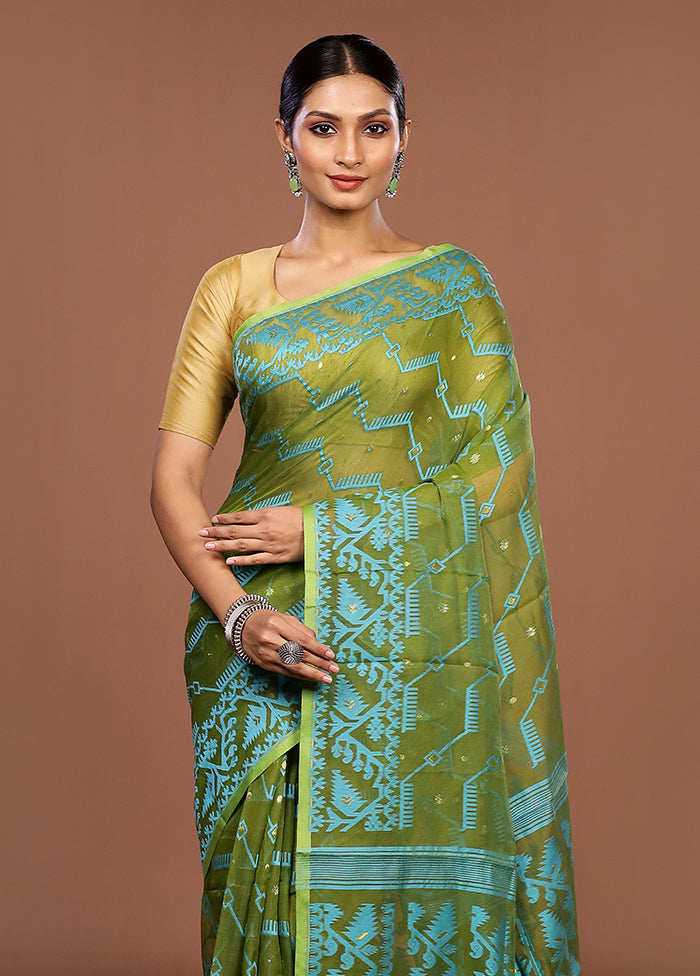 Green Jamdani Cotton Saree Without Blouse Piece