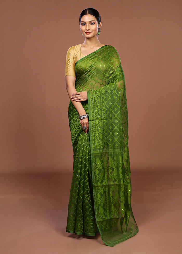 Green Jamdani Cotton Saree Without Blouse Piece