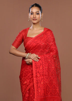 Red Jamdani Cotton Saree Without Blouse Piece