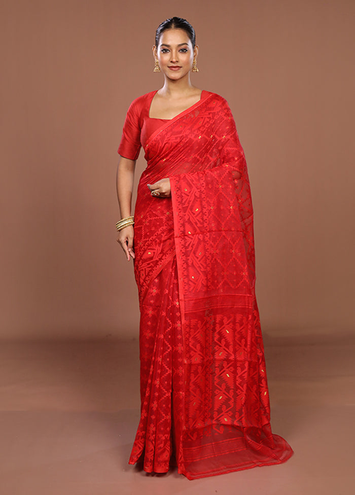 Red Jamdani Cotton Saree Without Blouse Piece