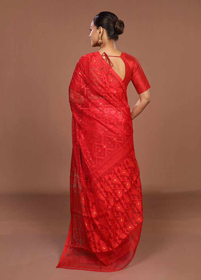 Red Jamdani Cotton Saree Without Blouse Piece