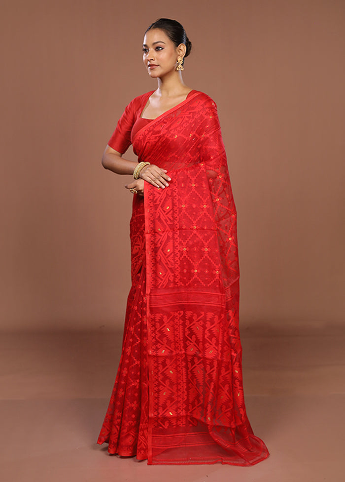 Red Jamdani Cotton Saree Without Blouse Piece