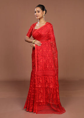 Red Jamdani Cotton Saree Without Blouse Piece