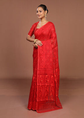 Red Jamdani Cotton Saree Without Blouse Piece