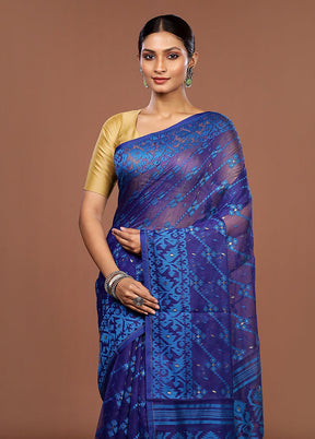 Blue Jamdani Cotton Saree Without Blouse Piece