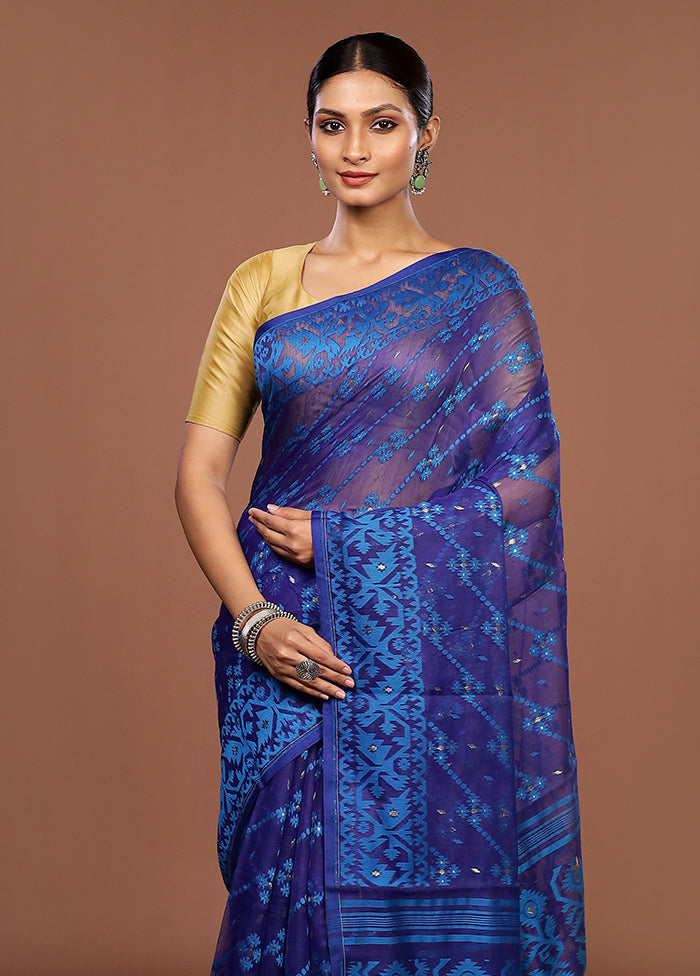 Blue Jamdani Cotton Saree Without Blouse Piece
