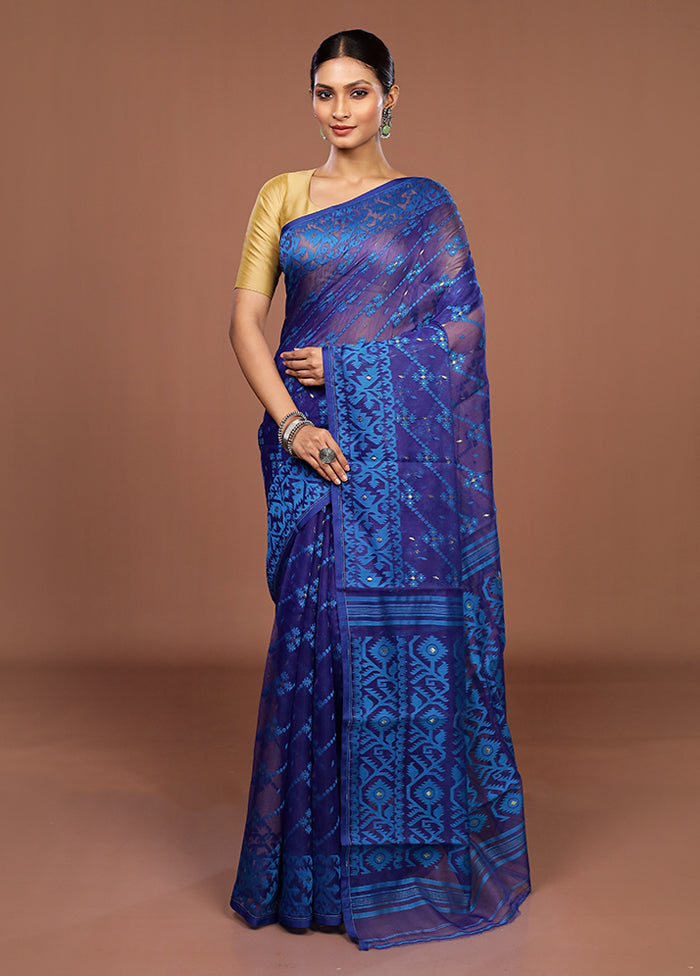 Blue Jamdani Cotton Saree Without Blouse Piece