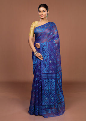 Blue Jamdani Cotton Saree Without Blouse Piece