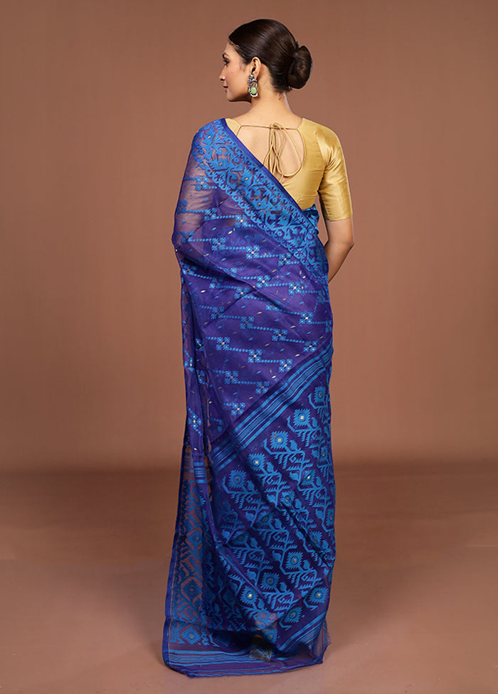 Blue Jamdani Cotton Saree Without Blouse Piece
