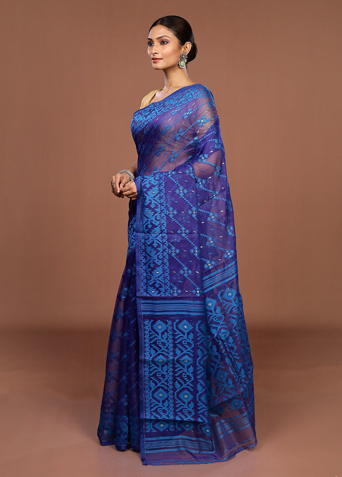 Blue Jamdani Cotton Saree Without Blouse Piece