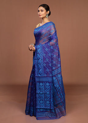 Blue Jamdani Cotton Saree Without Blouse Piece