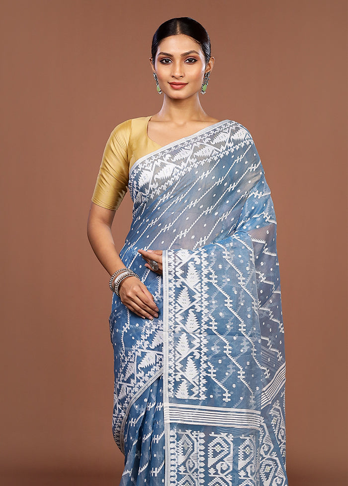 Blue Jamdani Cotton Saree Without Blouse Piece