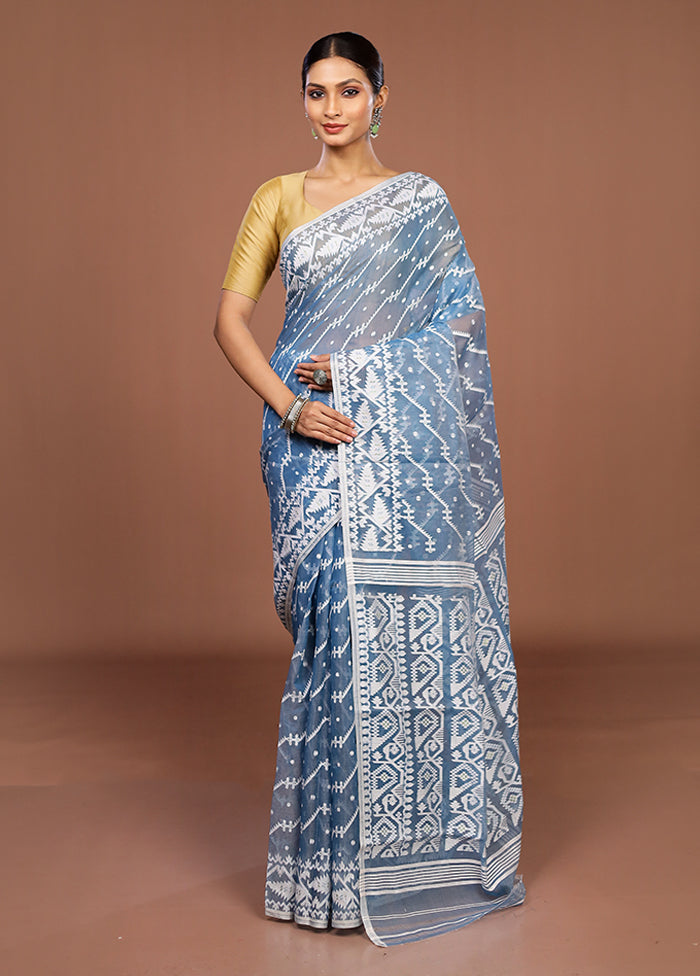 Blue Jamdani Cotton Saree Without Blouse Piece