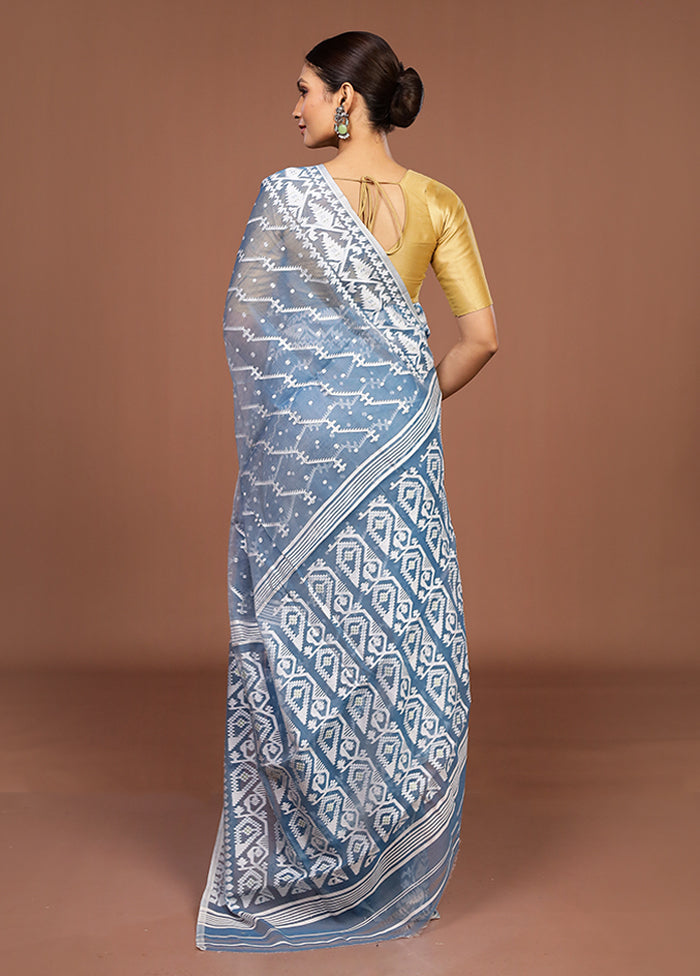 Blue Jamdani Cotton Saree Without Blouse Piece