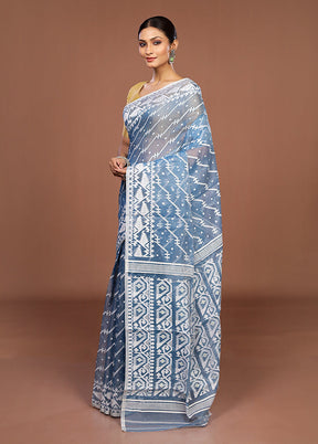 Blue Jamdani Cotton Saree Without Blouse Piece