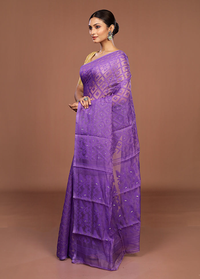 Purple Jamdani Cotton Saree Without Blouse Piece