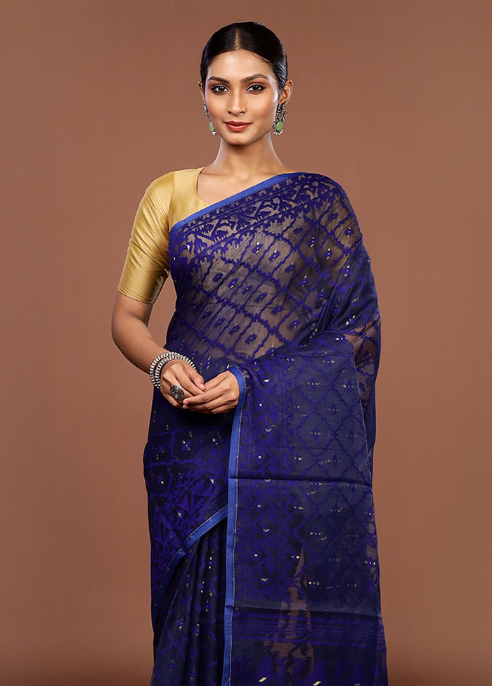 Blue Jamdani Cotton Saree Without Blouse Piece