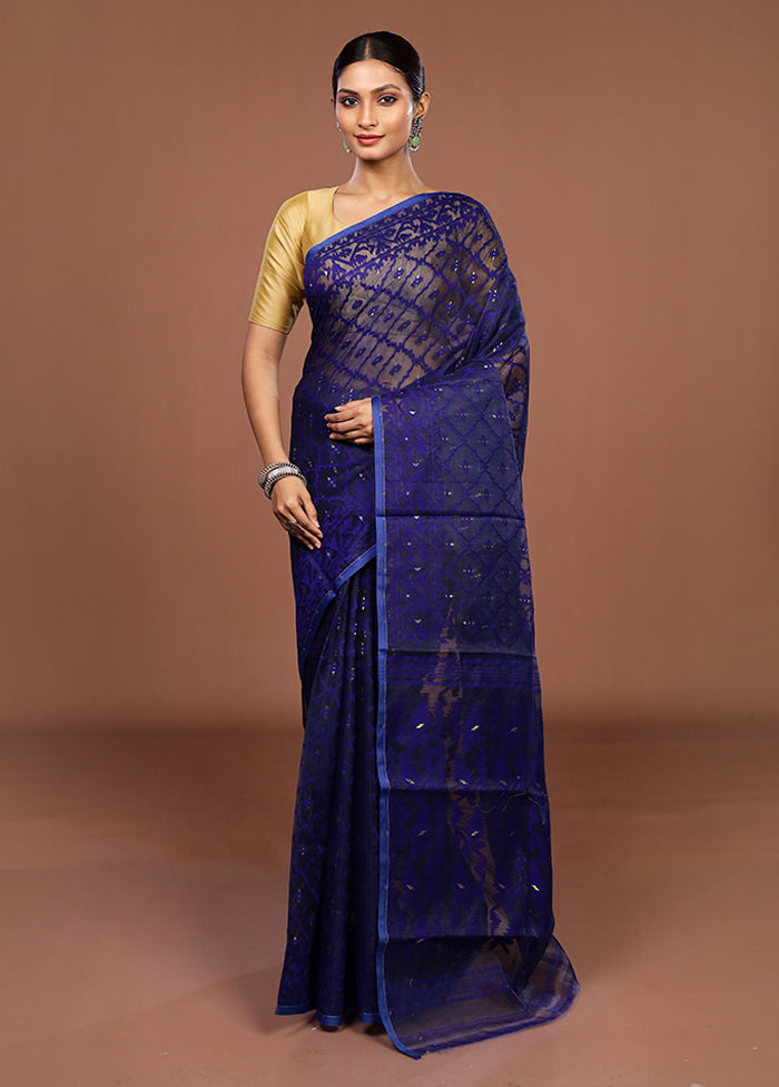 Blue Jamdani Cotton Saree Without Blouse Piece