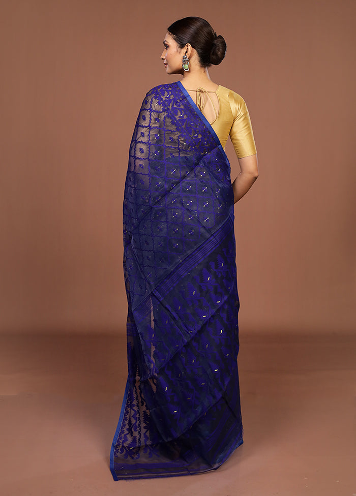 Blue Jamdani Cotton Saree Without Blouse Piece