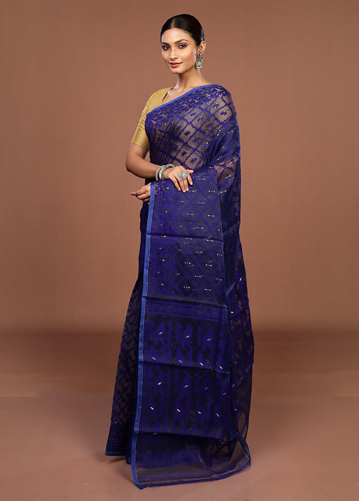 Blue Jamdani Cotton Saree Without Blouse Piece