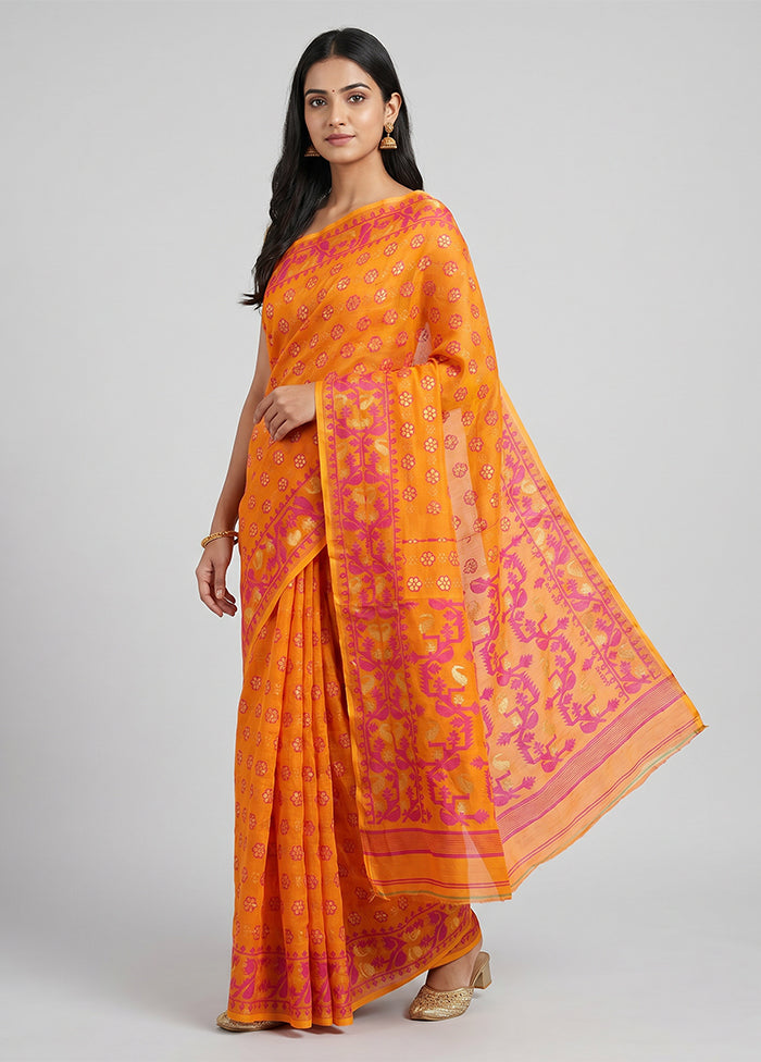 Yellow Jamdani Cotton Saree Without Blouse Piece
