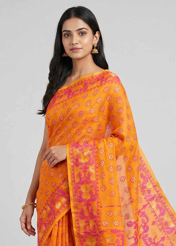 Yellow Jamdani Cotton Saree Without Blouse Piece