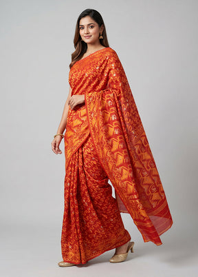 Red Jamdani Cotton Saree Without Blouse Piece