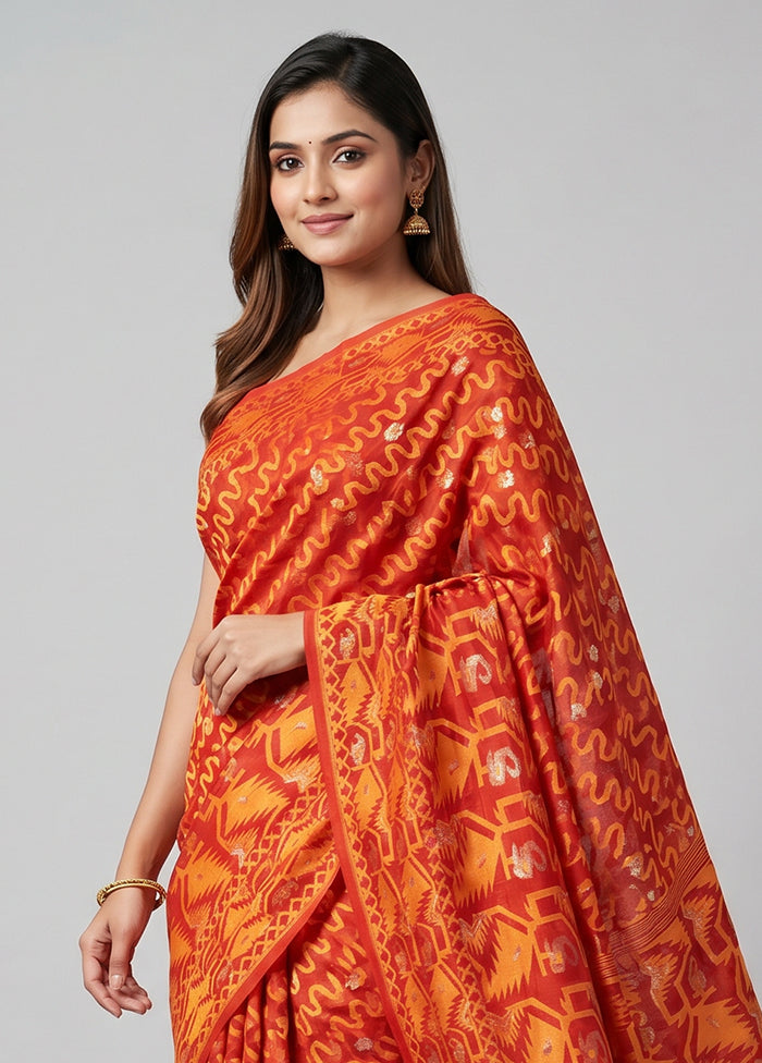 Red Jamdani Cotton Saree Without Blouse Piece