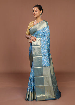 Blue Kanjivaram Silk Saree With Blouse Piece