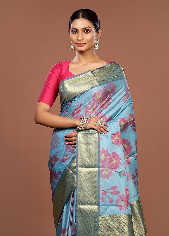 Blue Kanjivaram Silk Saree With Blouse Piece