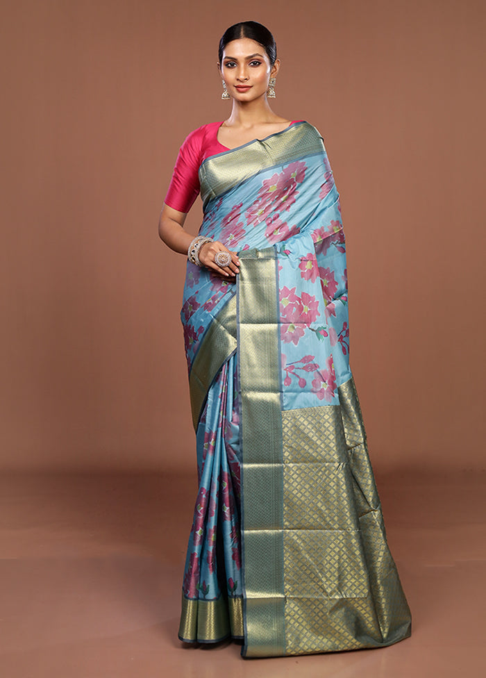 Blue Kanjivaram Silk Saree With Blouse Piece