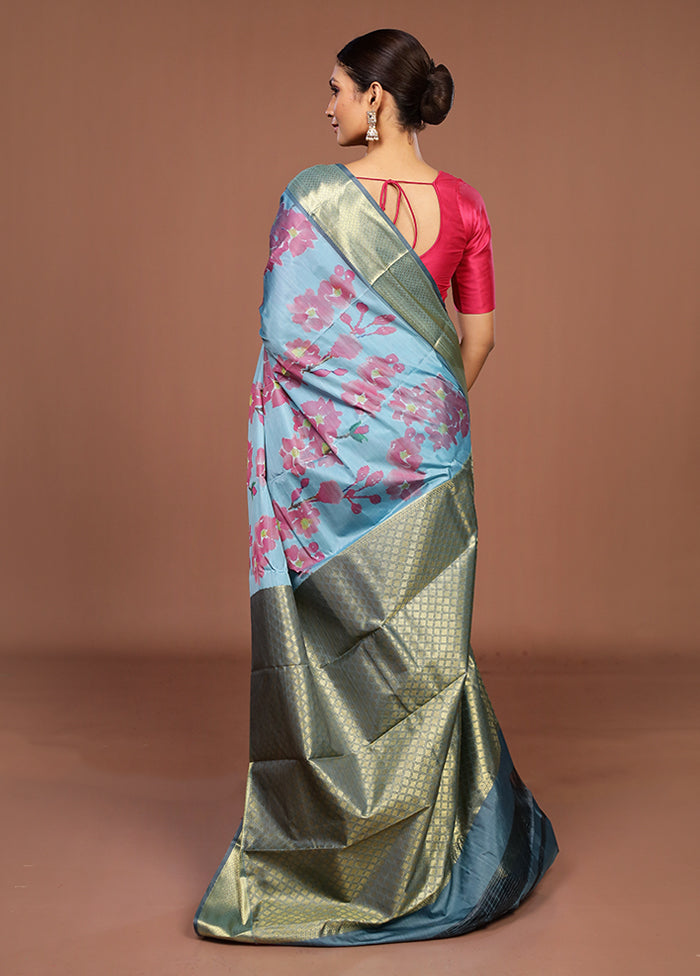 Blue Kanjivaram Silk Saree With Blouse Piece