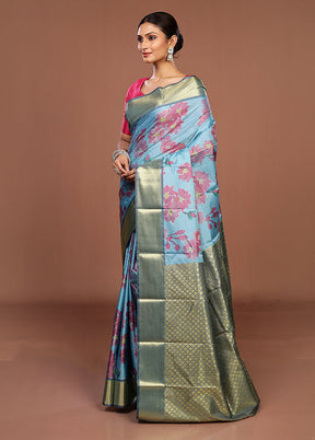 Blue Kanjivaram Silk Saree With Blouse Piece