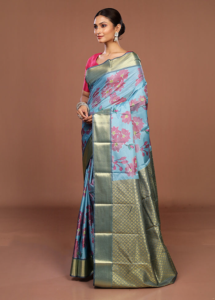 Blue Kanjivaram Silk Saree With Blouse Piece