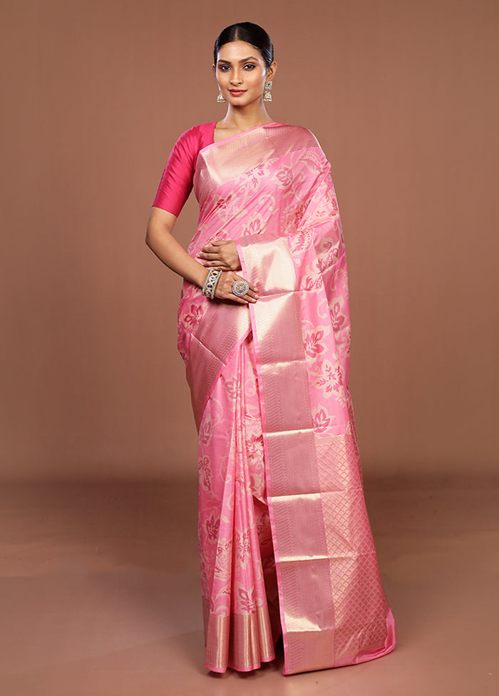 Pink Kanjivaram Silk Saree With Blouse Piece