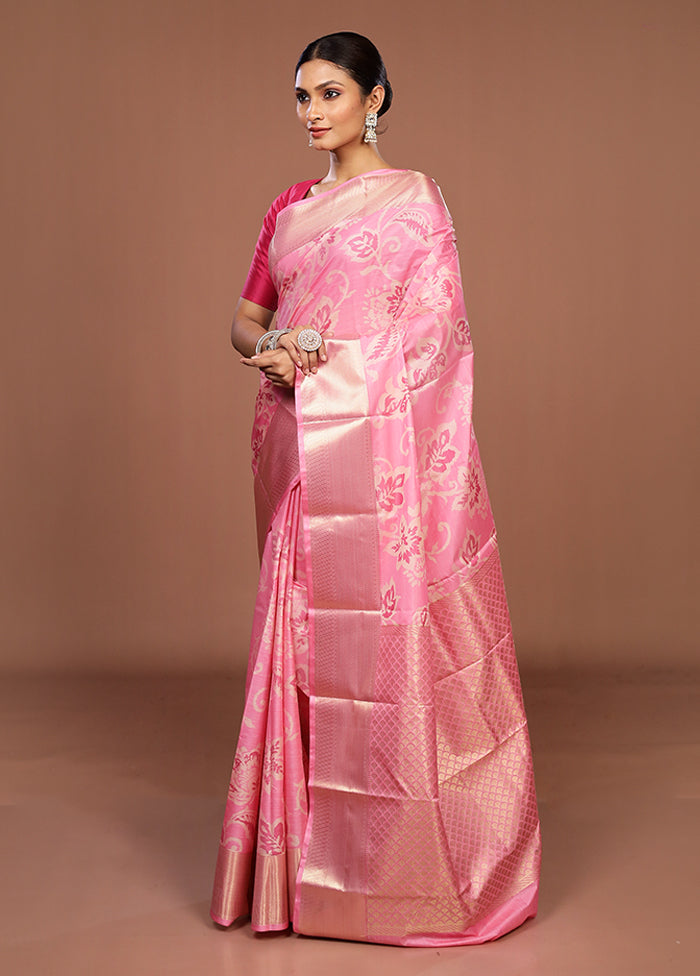 Pink Kanjivaram Silk Saree With Blouse Piece