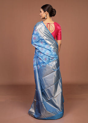 Blue Kanjivaram Silk Saree With Blouse Piece