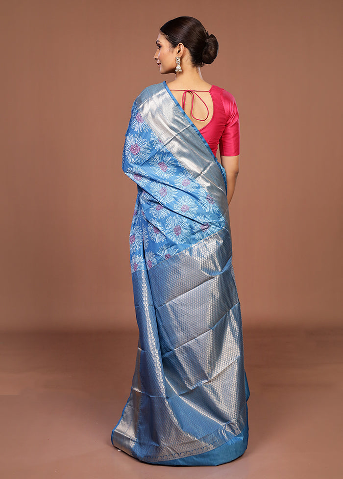 Blue Kanjivaram Silk Saree With Blouse Piece