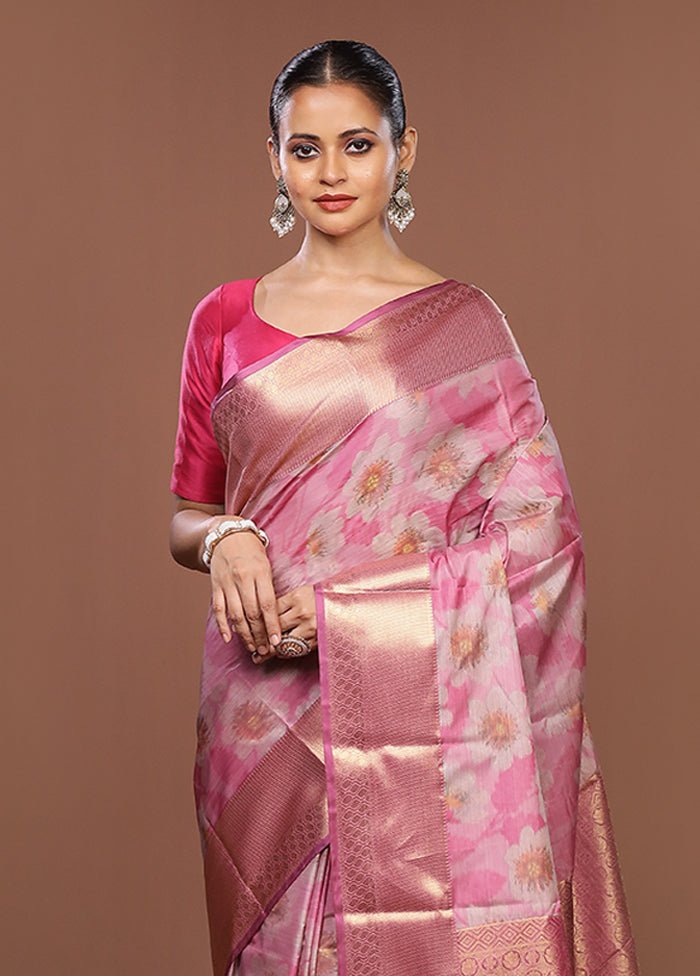 Pink Kanjivaram Silk Saree With Blouse Piece