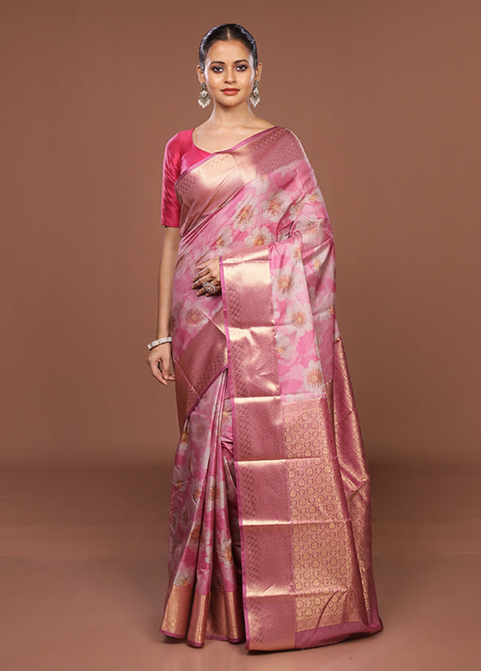 Pink Kanjivaram Silk Saree With Blouse Piece