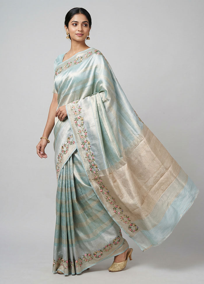 Blue Tissue Silk Saree With Blouse Piece
