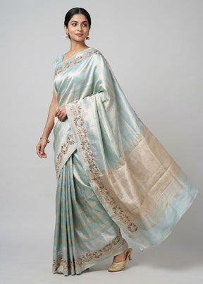 Blue Tissue Silk Saree With Blouse Piece