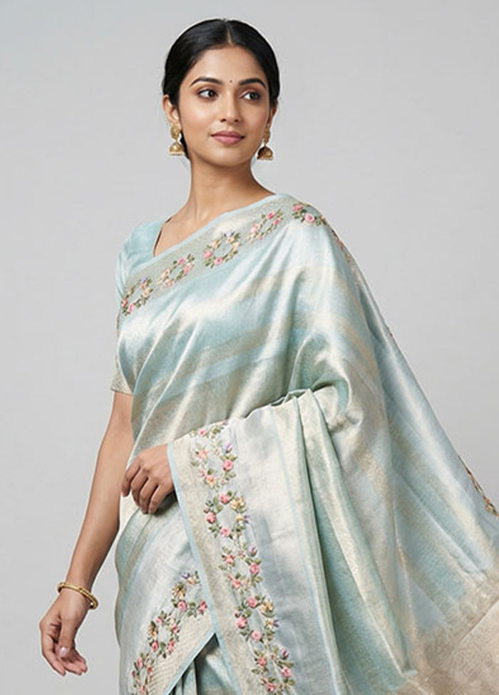 Blue Tissue Silk Saree With Blouse Piece