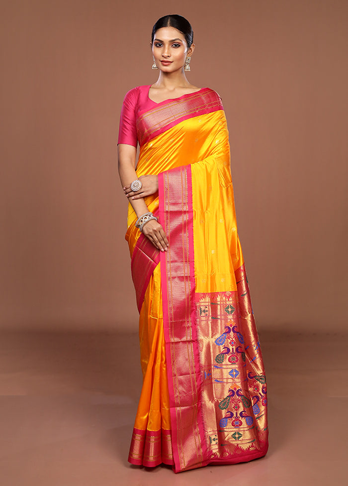 Yellow Handloom Kanjivaram Pure Silk Saree With Blouse Piece