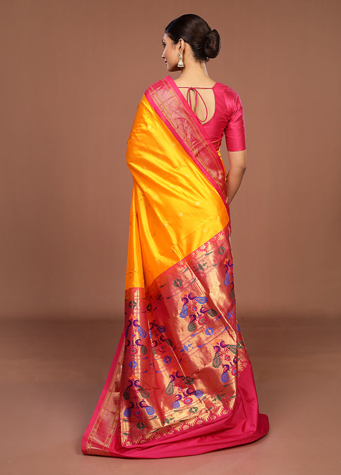 Yellow Handloom Kanjivaram Pure Silk Saree With Blouse Piece